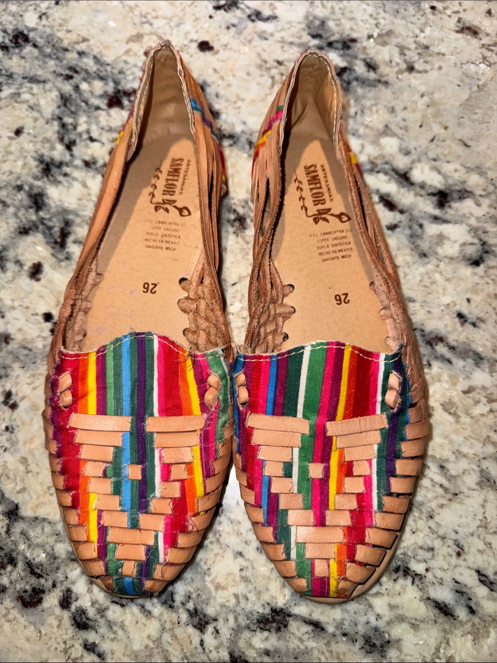 Handwoven Multi-Color Huarache Flats with Tan Trim - Women